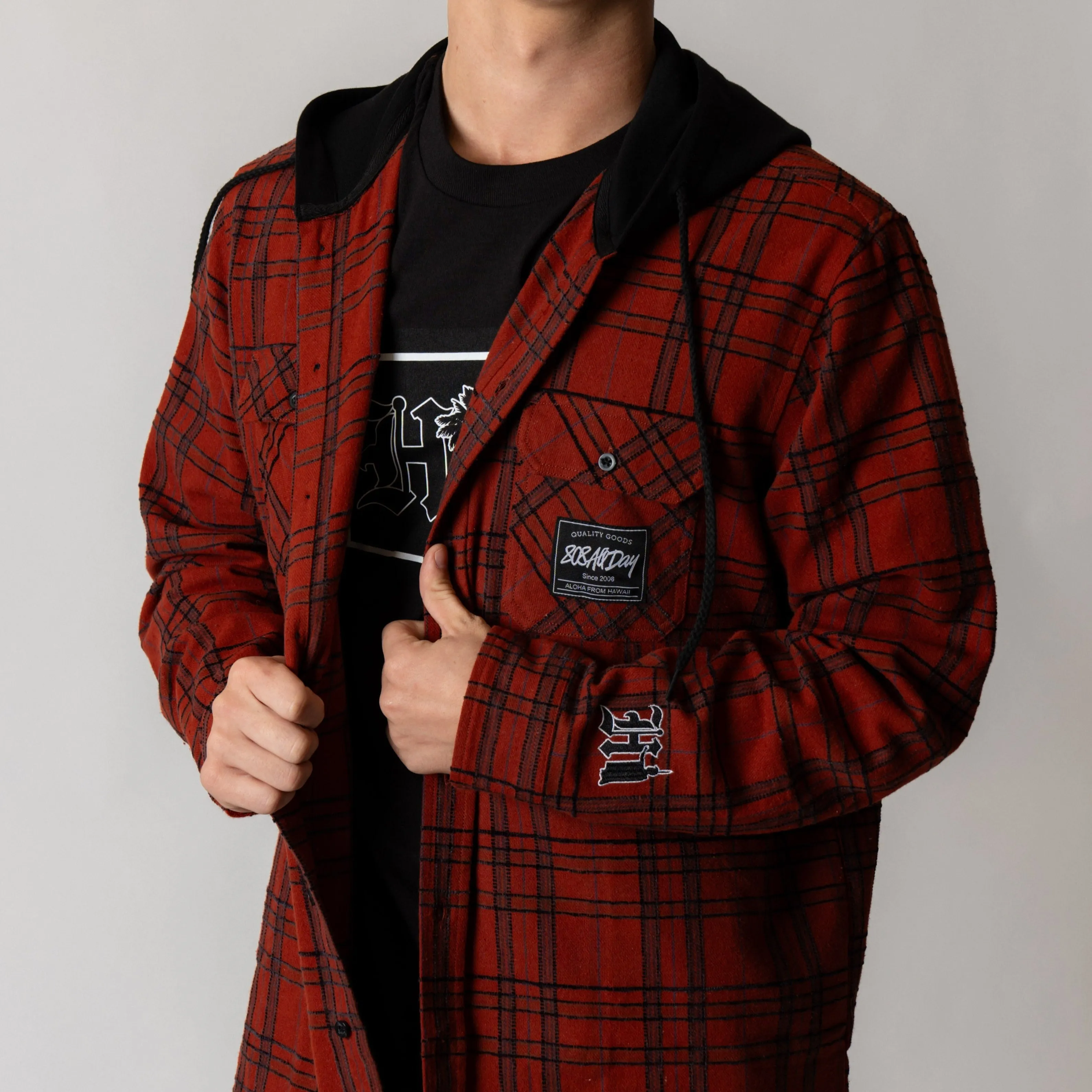 808ALLDAY Red / Black Hooded Flannel