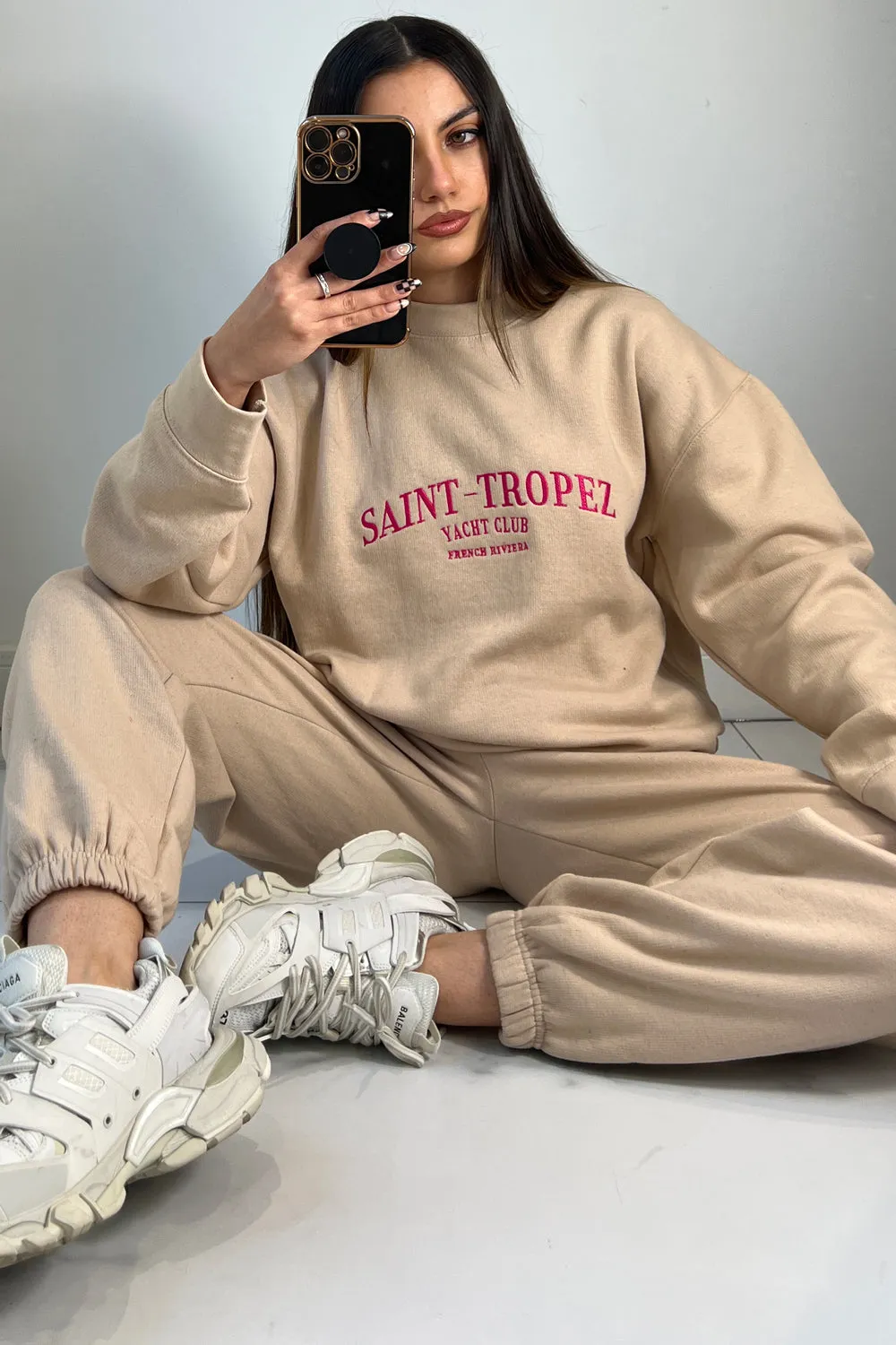 Abigail Beige Saint Tropez Embroidered Loungewear Set