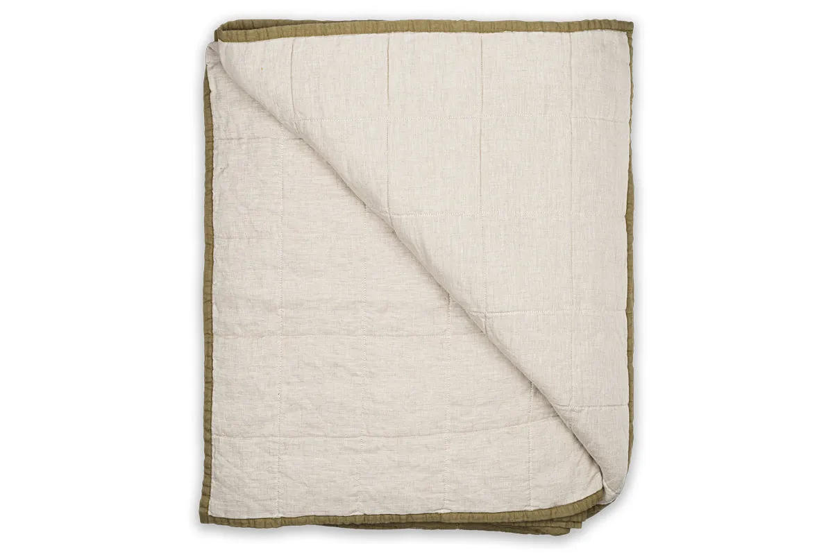 Amar Linen Bed Quilt - Olive