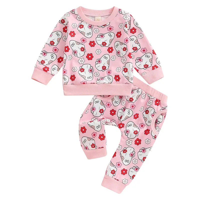 Baby/Toddler Groovy Ghost Floral Halloween Pink Loungewear