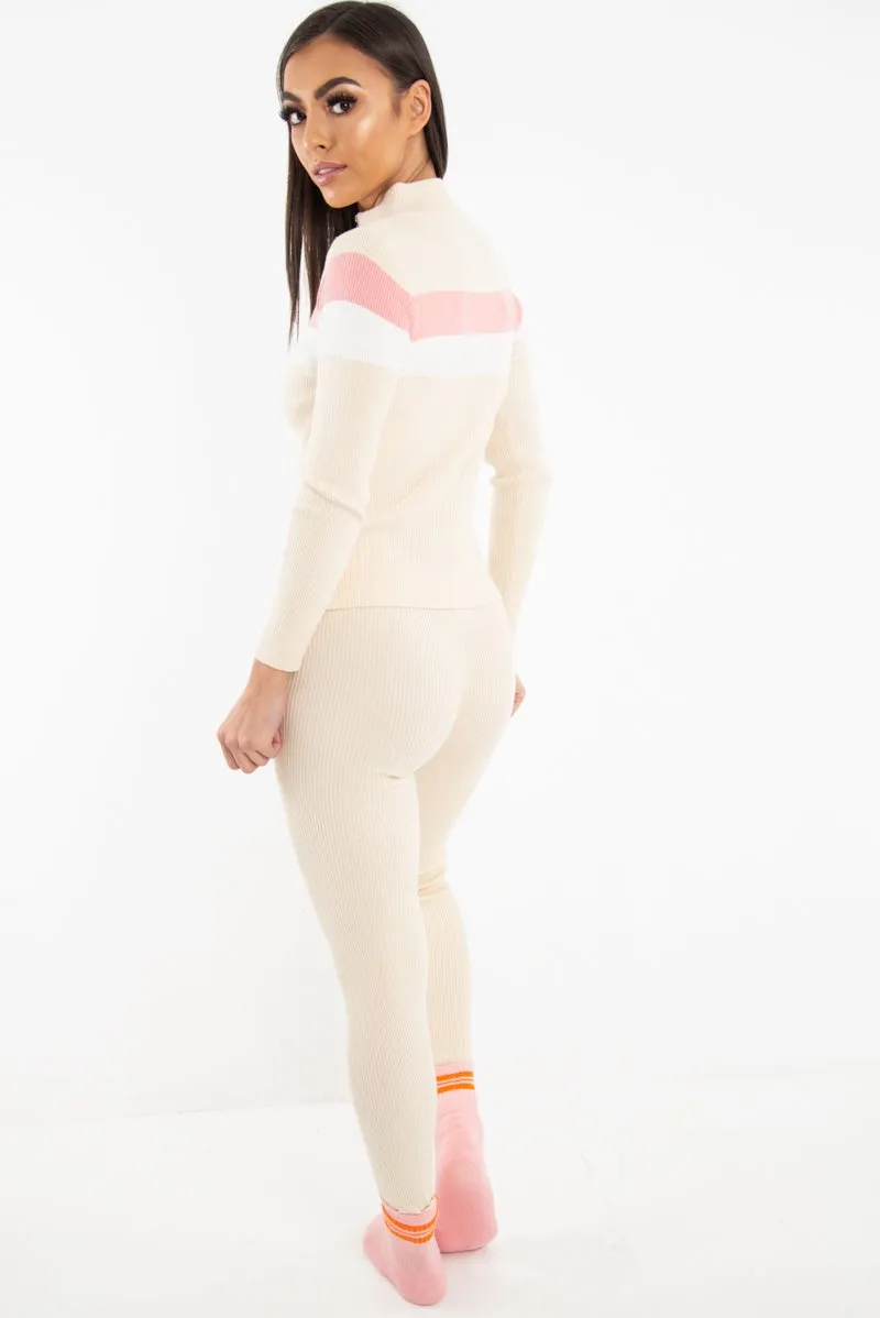 Beige Rib Knit Colour Block Loungewear Set - Jaysie