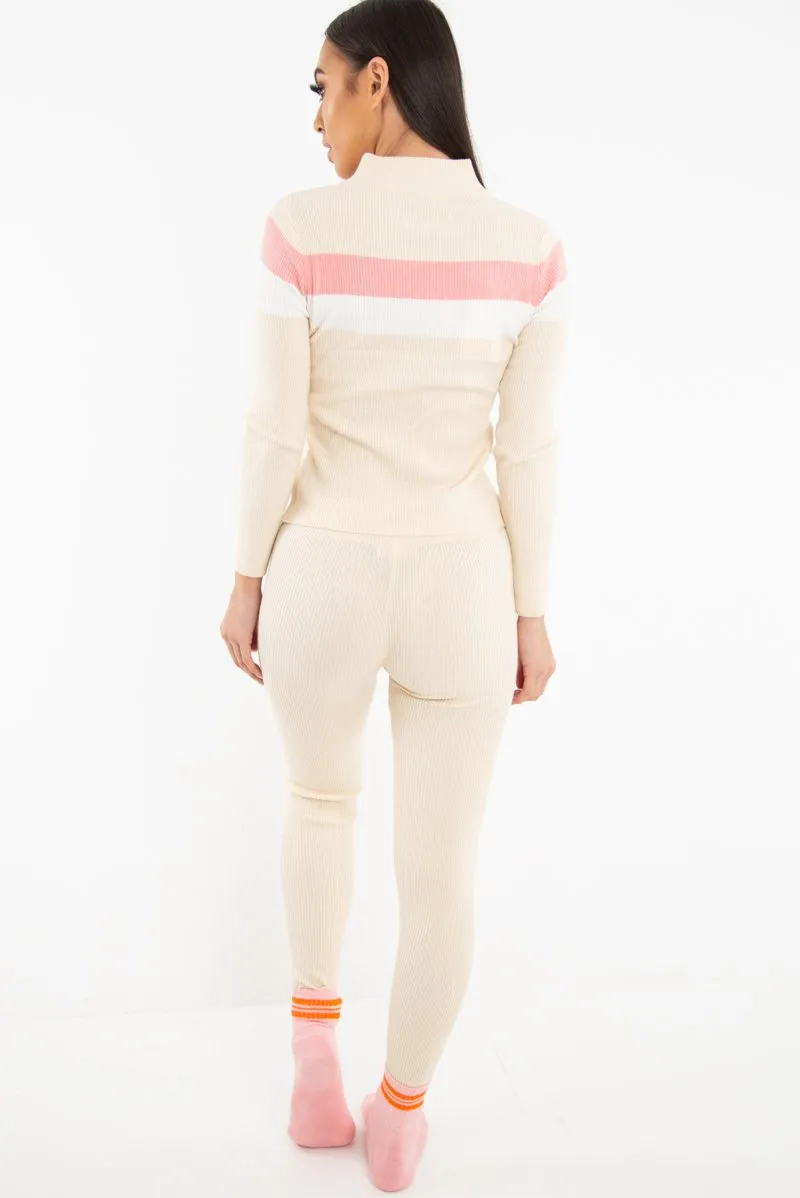 Beige Rib Knit Colour Block Loungewear Set - Jaysie