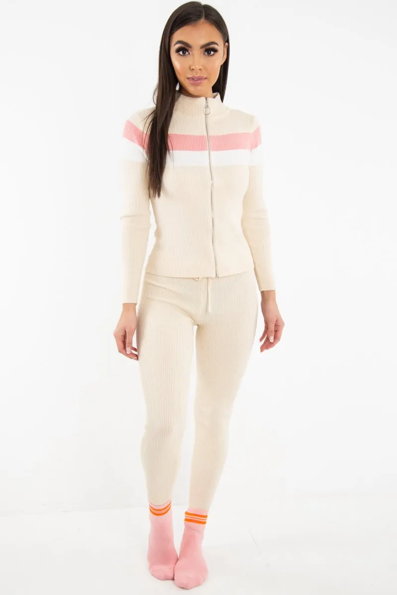 Beige Rib Knit Colour Block Loungewear Set - Jaysie