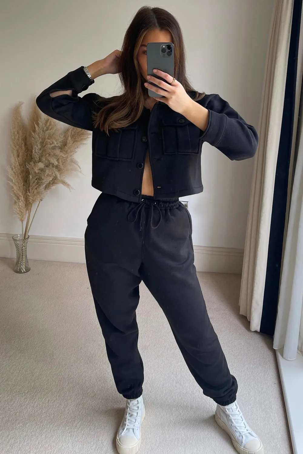 Black Cropped Shacket and Joggers Loungewear Set