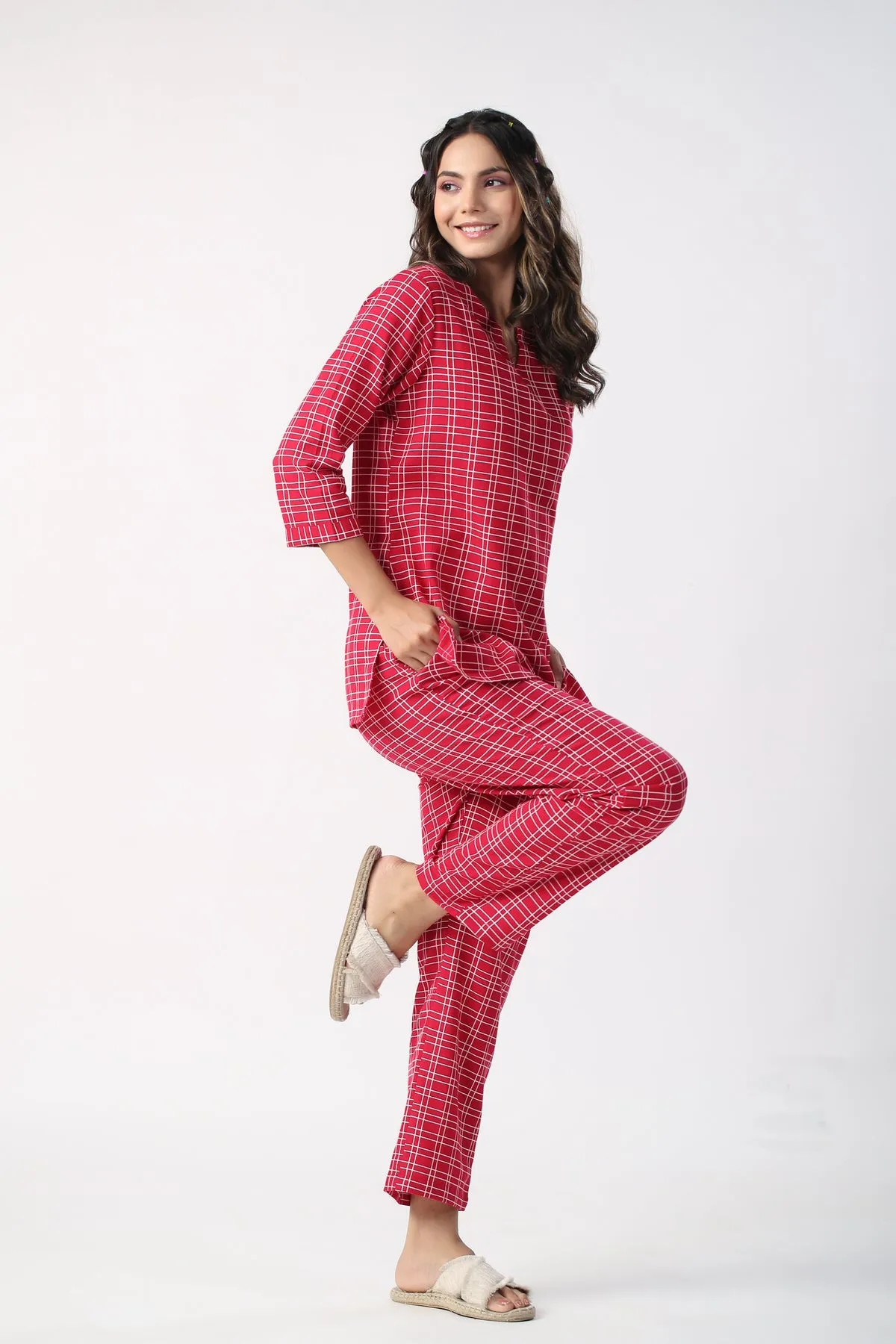 Checkered Maroon Cotton Flex Loungewear set