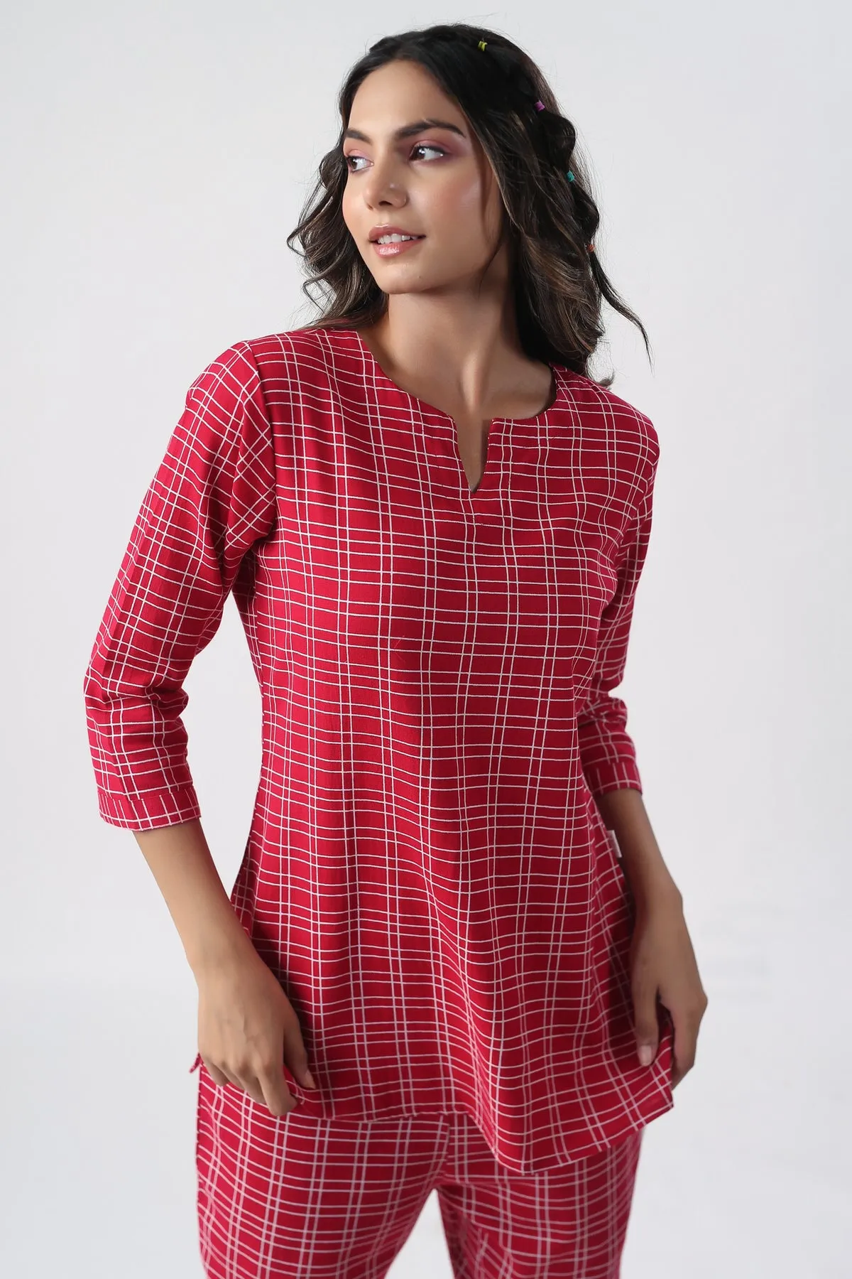 Checkered Maroon Cotton Flex Loungewear set