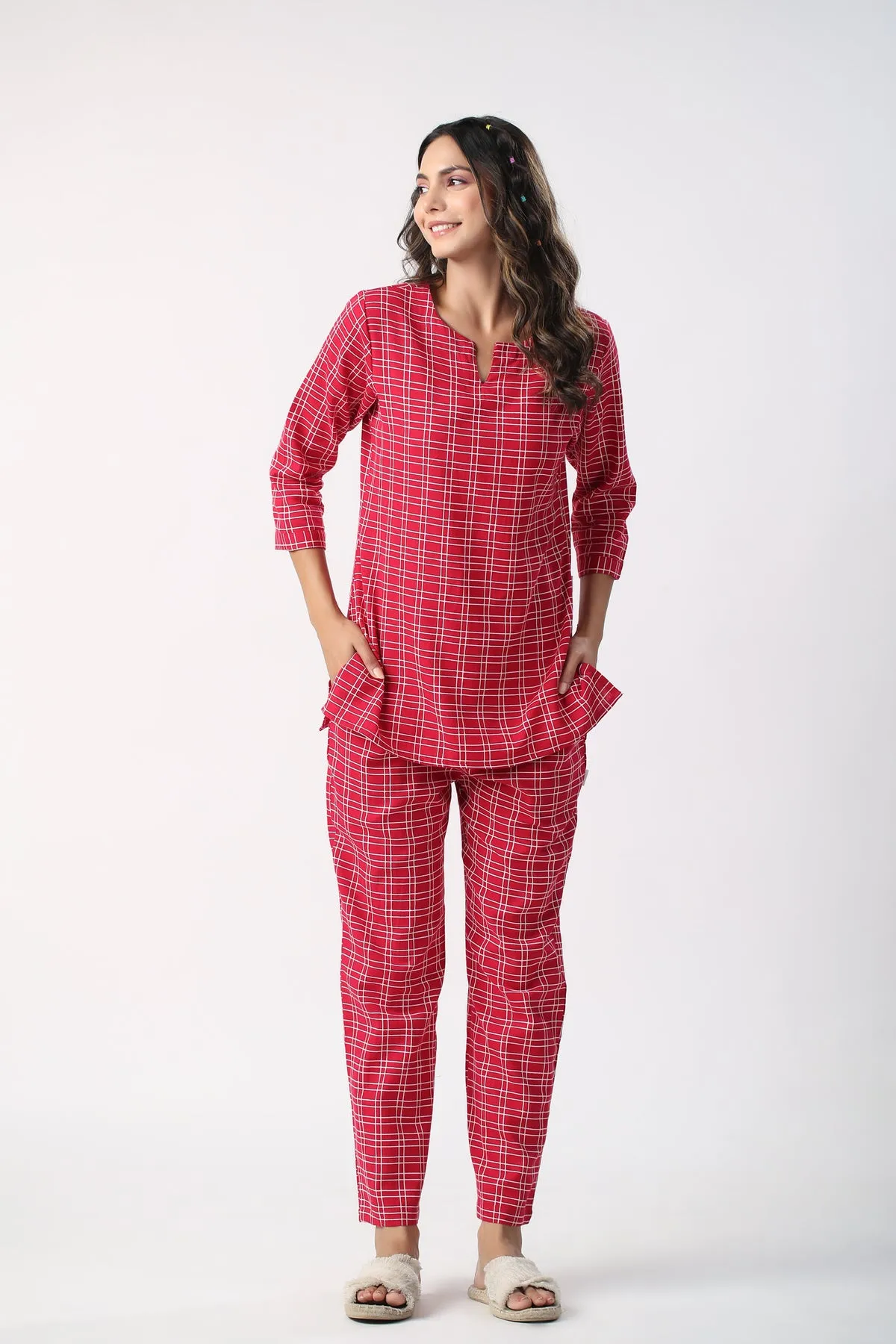 Checkered Maroon Cotton Flex Loungewear set