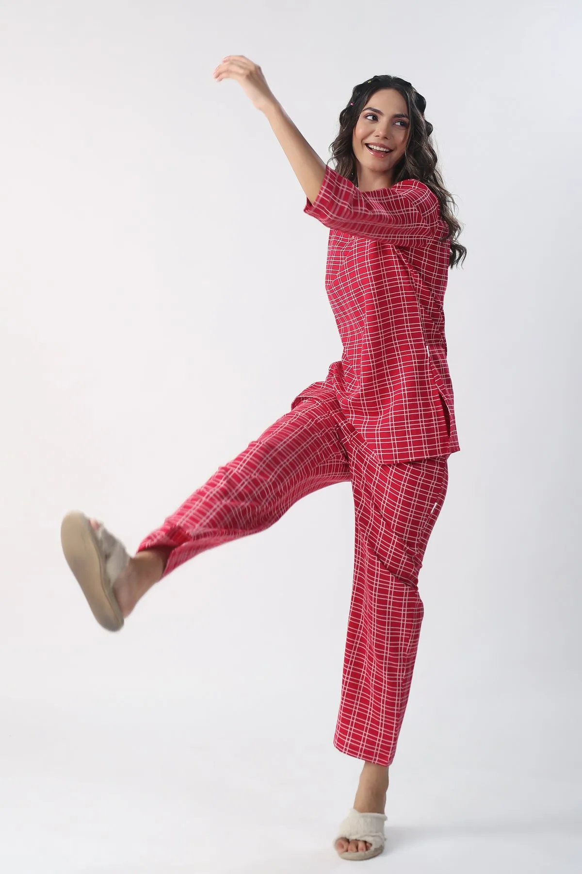 Checkered Maroon Cotton Flex Loungewear set