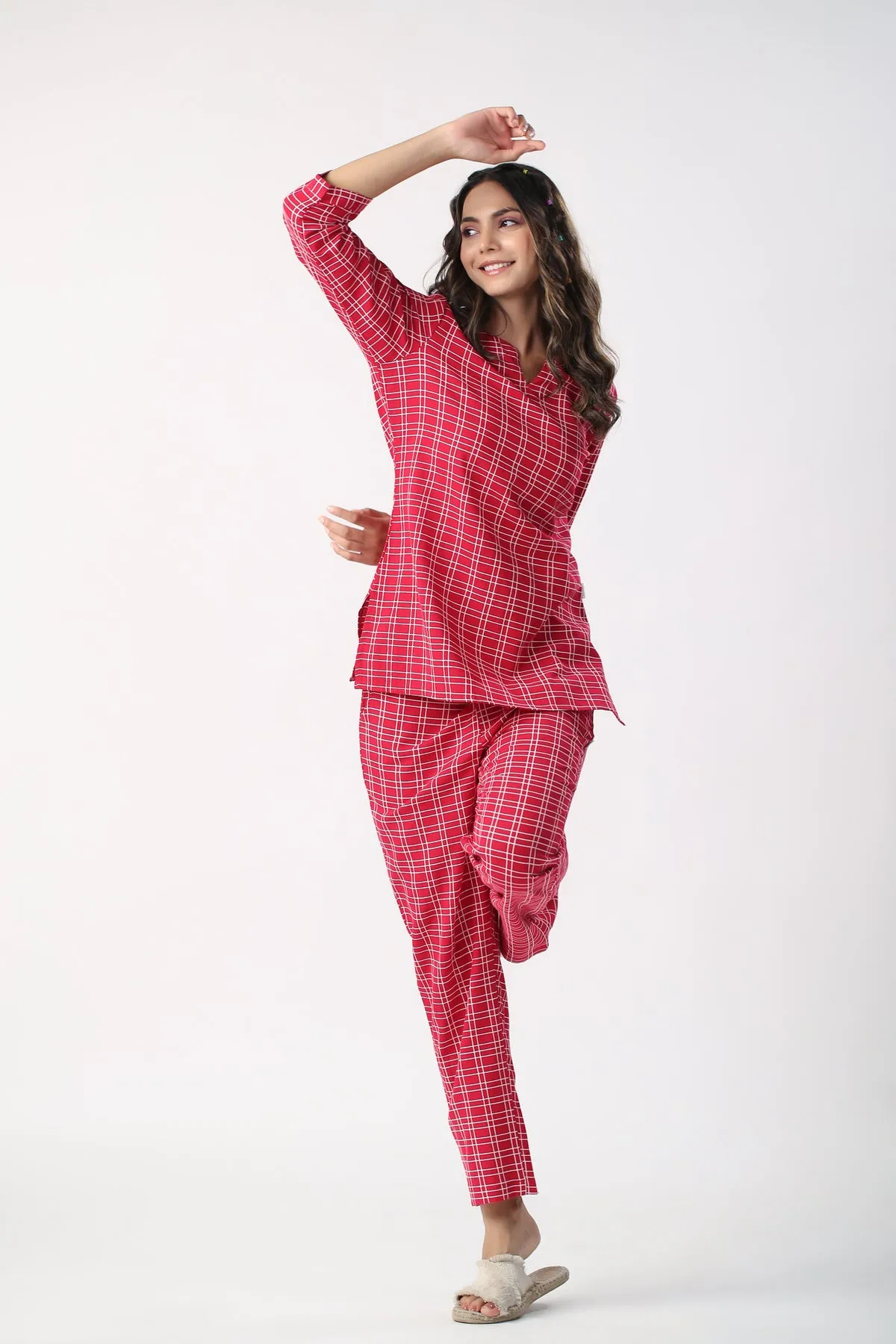 Checkered Maroon Cotton Flex Loungewear set