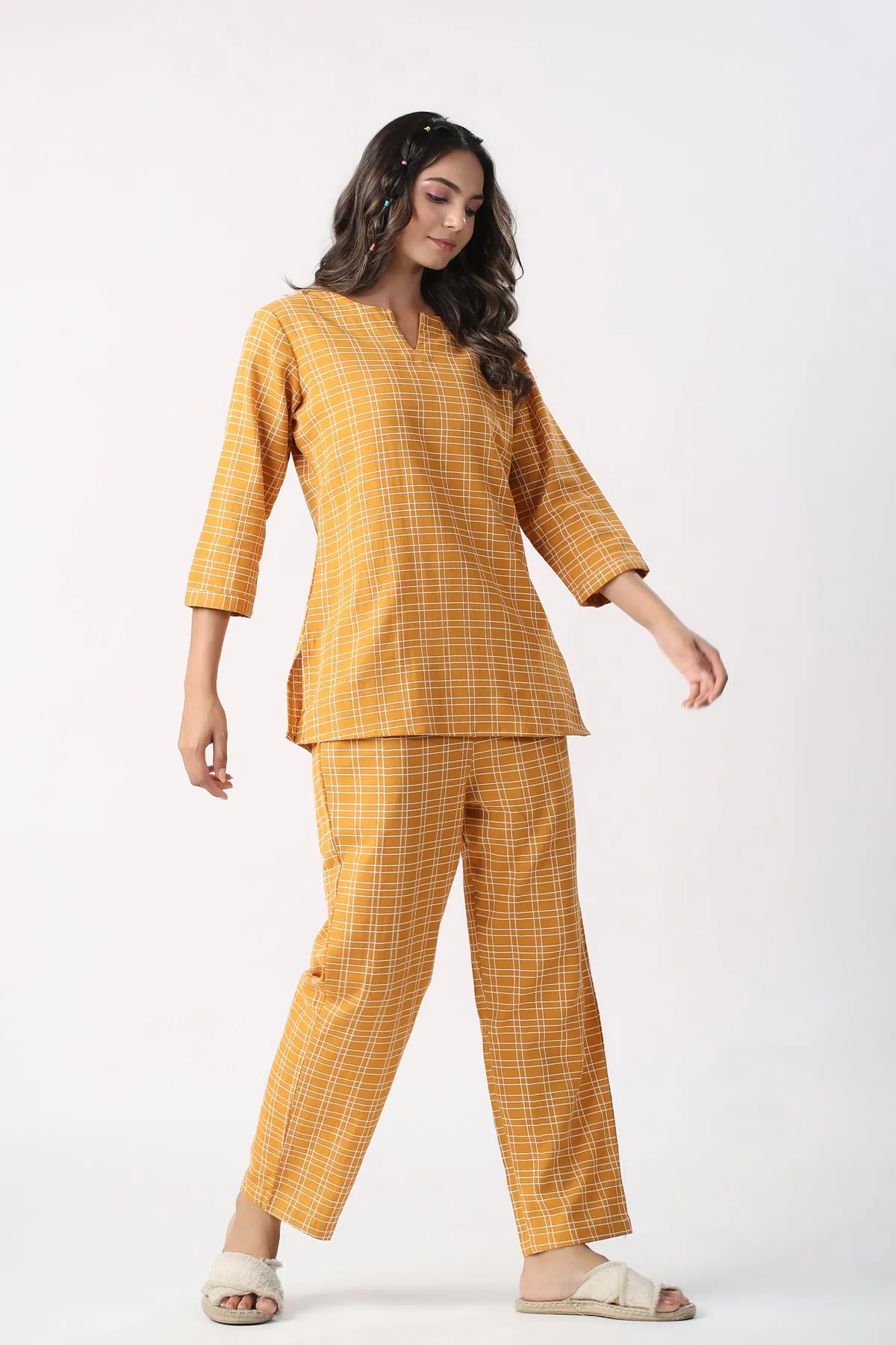 Checkered Saffron Cotton Flex Loungewear set