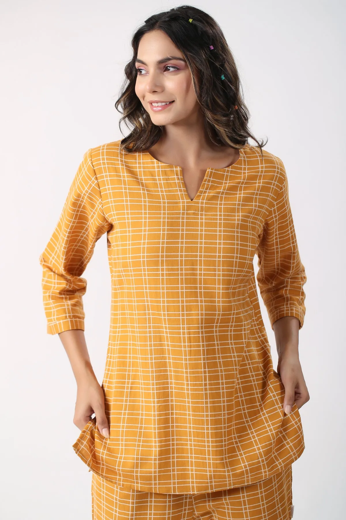 Checkered Saffron Cotton Flex Loungewear set