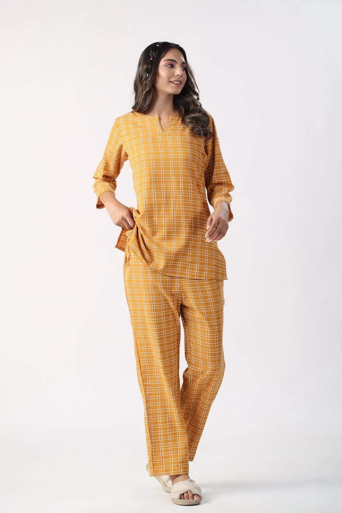 Checkered Saffron Cotton Flex Loungewear set