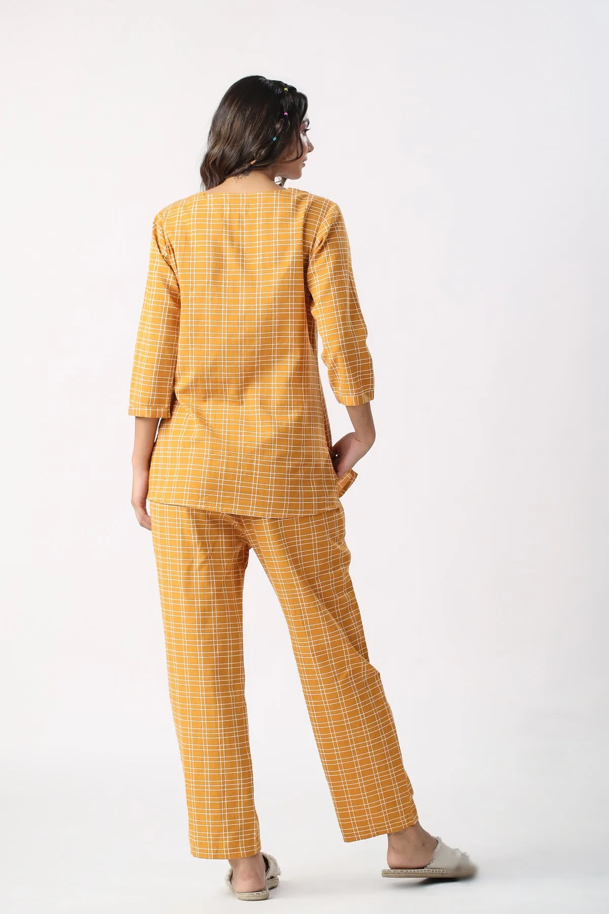 Checkered Saffron Cotton Flex Loungewear set