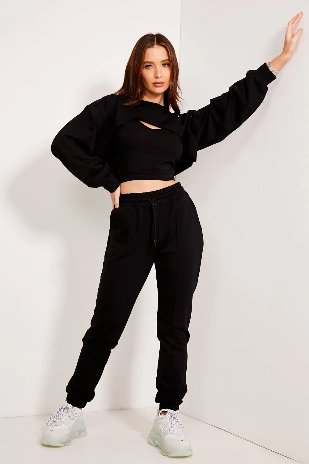 Dara Black Cropped 3 Piece Loungewear Set