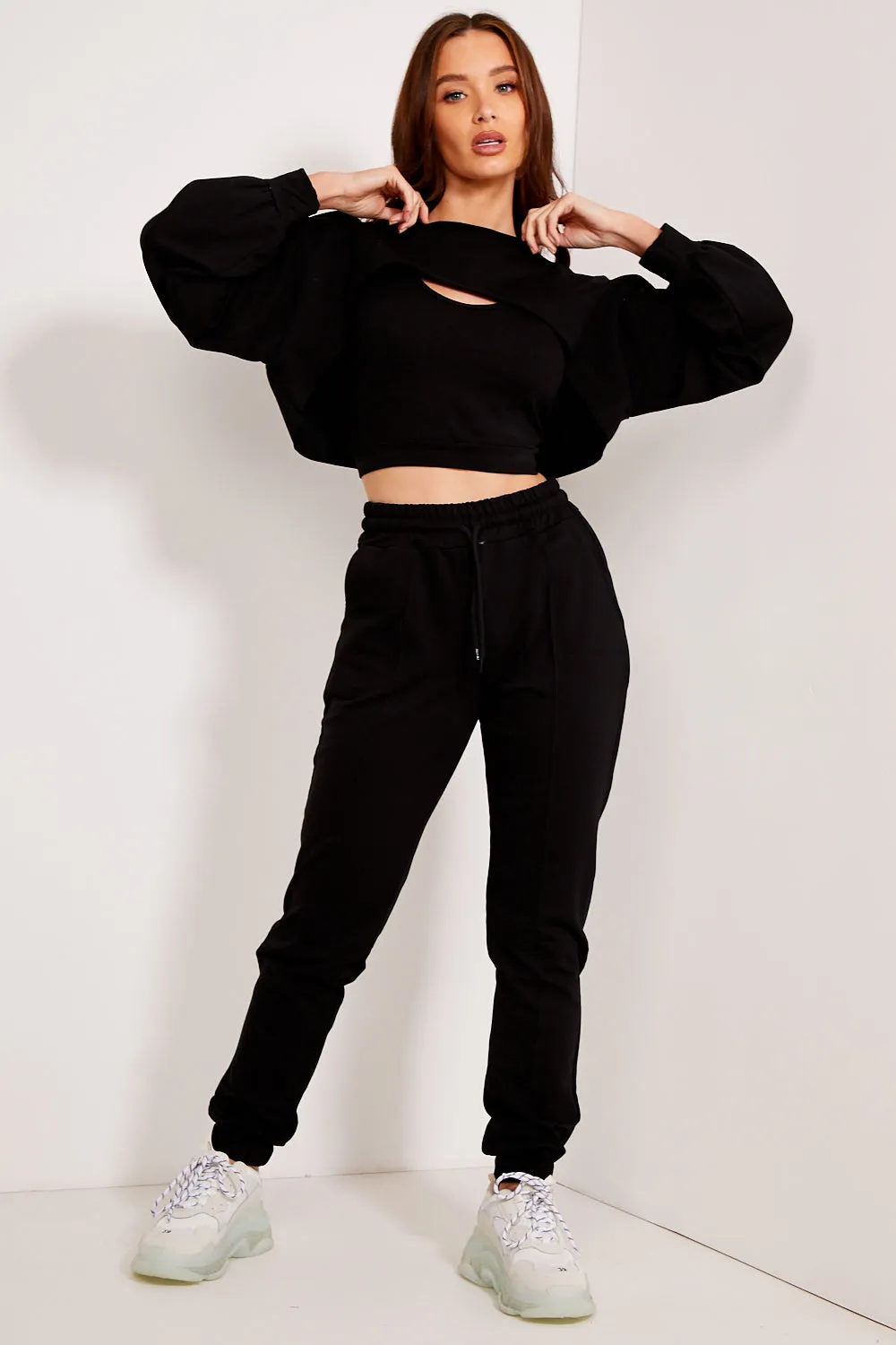 Dara Black Cropped 3 Piece Loungewear Set