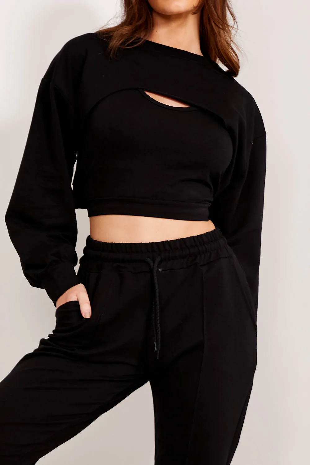 Dara Black Cropped 3 Piece Loungewear Set