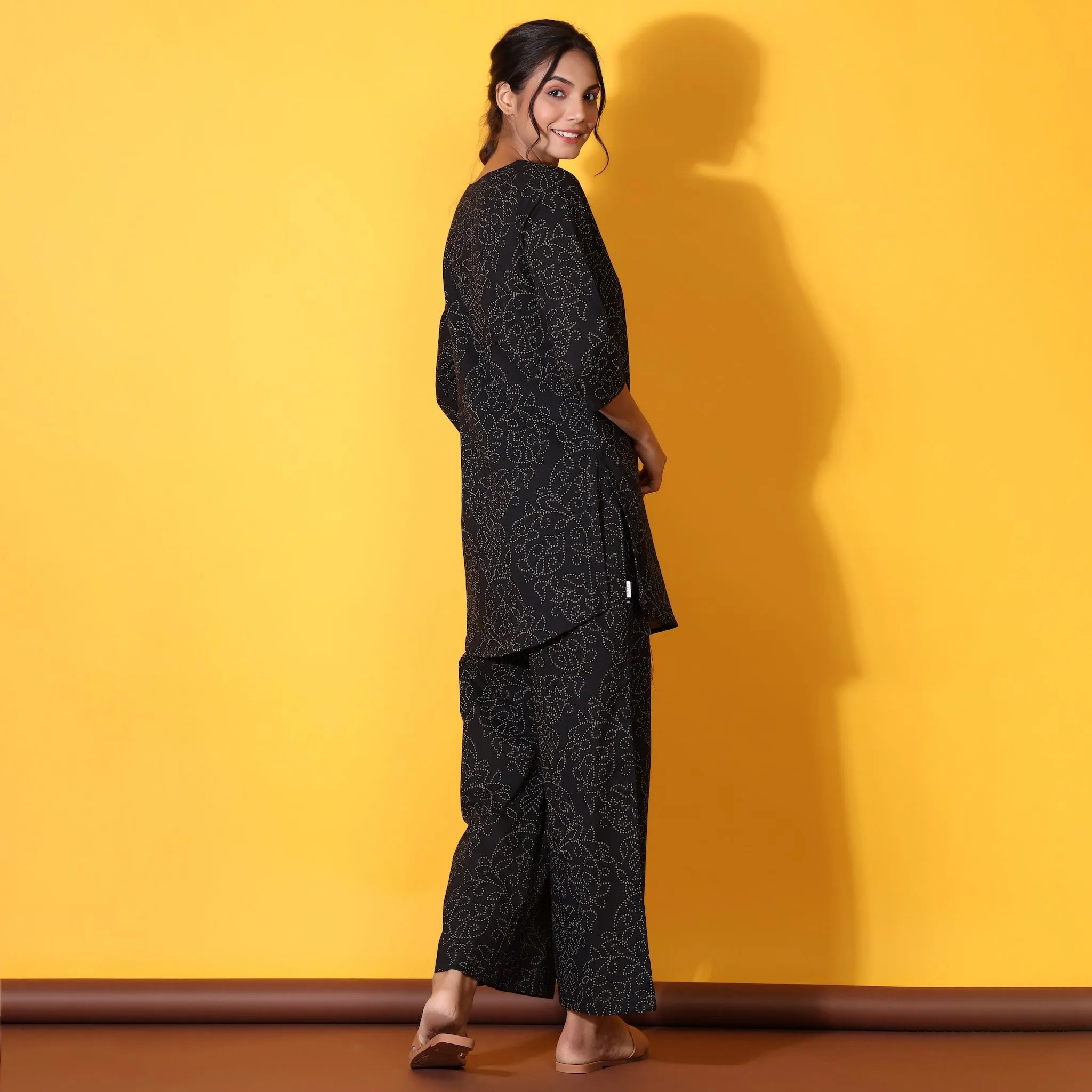 Floral Bandhani Motifs on Black Loungewear