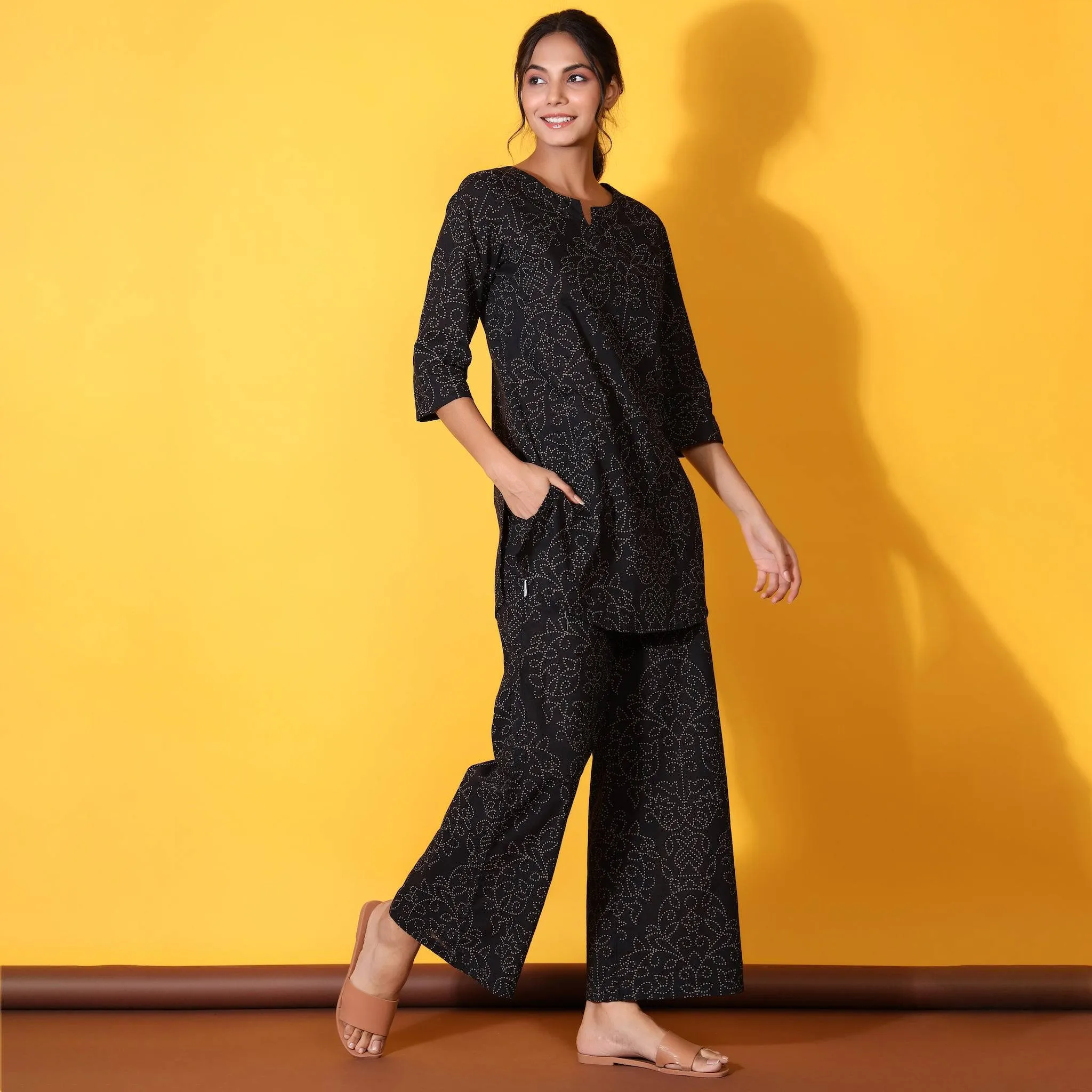 Floral Bandhani Motifs on Black Loungewear