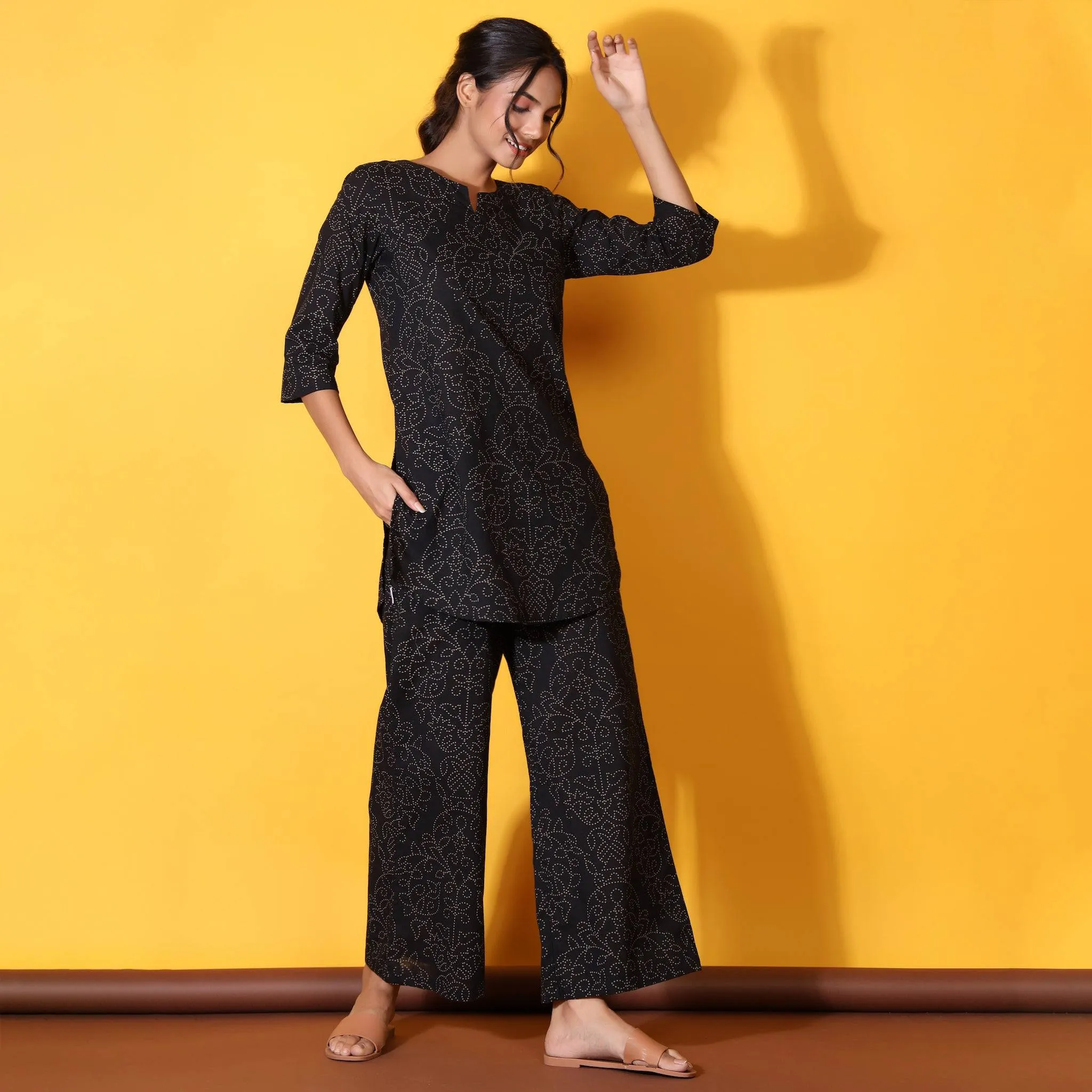 Floral Bandhani Motifs on Black Loungewear