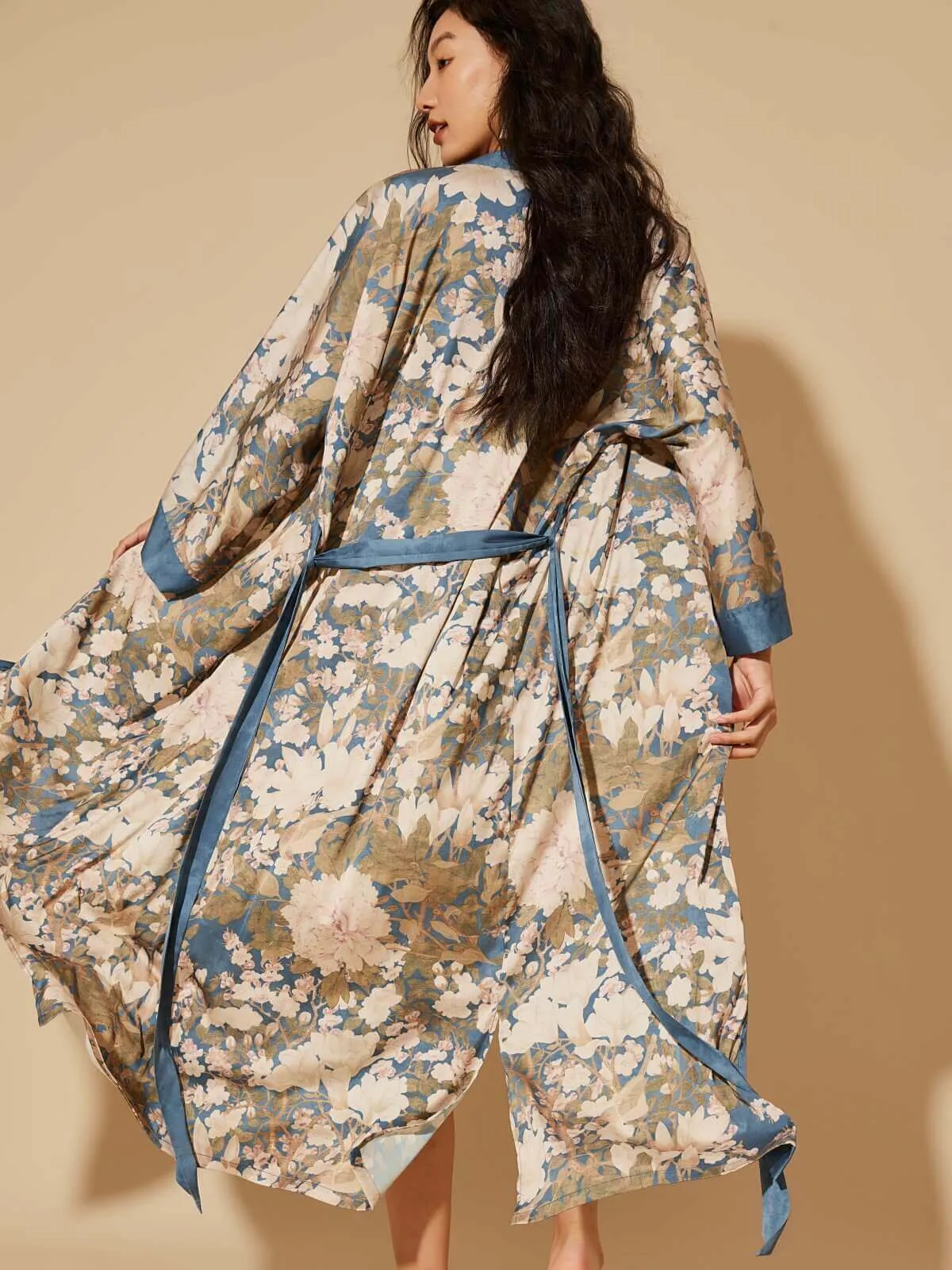 Blue Floral Kimono-Style Robe