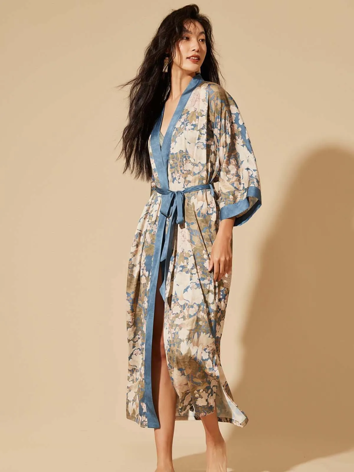 Blue Floral Kimono-Style Robe