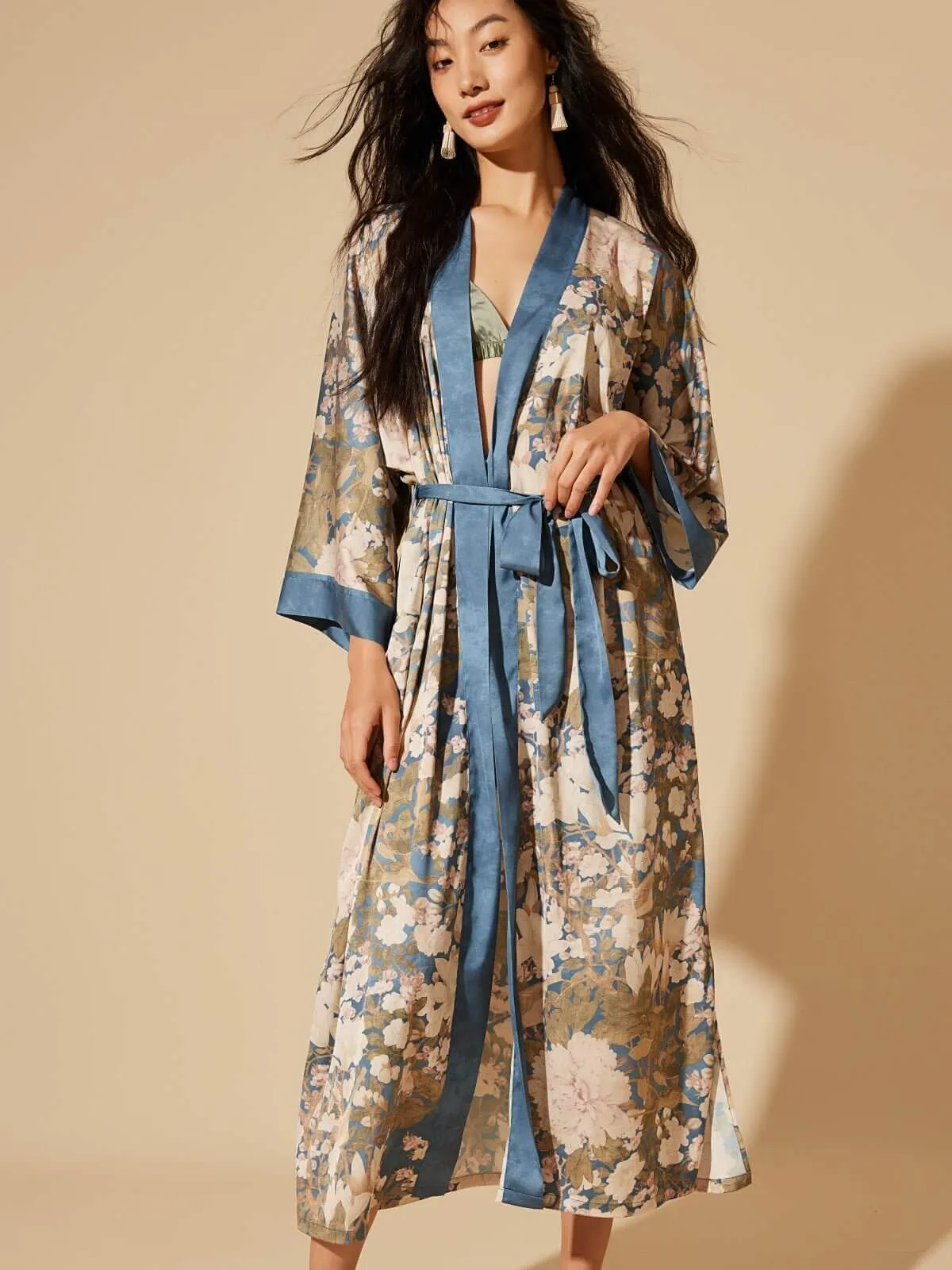 Blue Floral Kimono-Style Robe