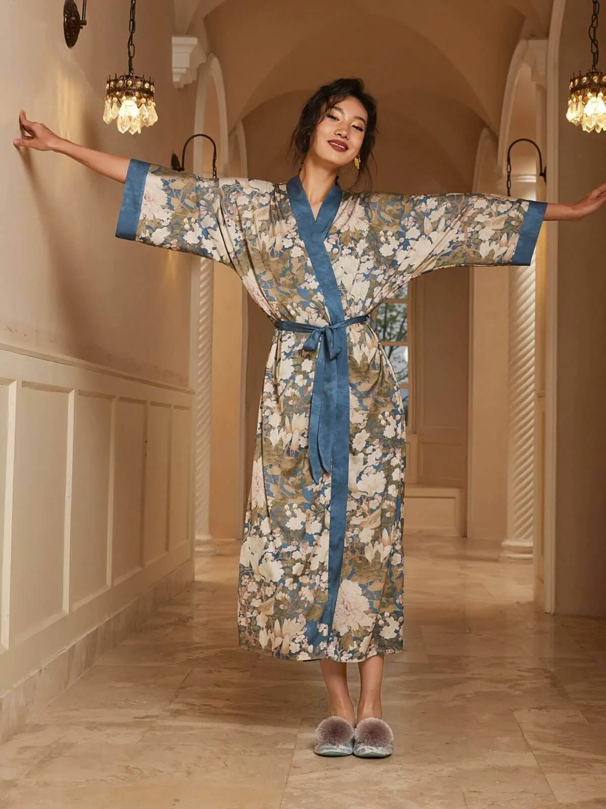 Blue Floral Kimono-Style Robe