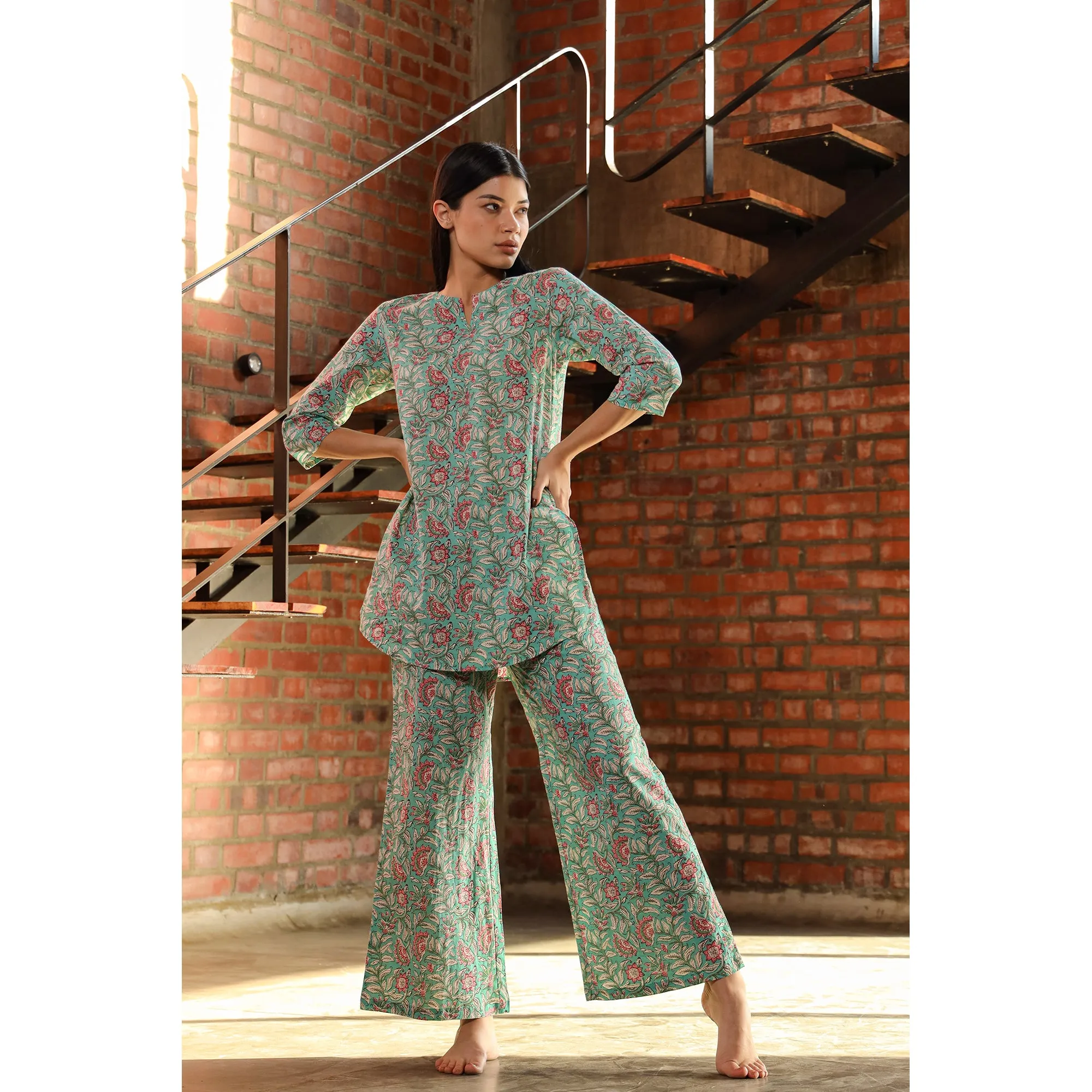 Floral Trail on Light Blue Loungewear Set