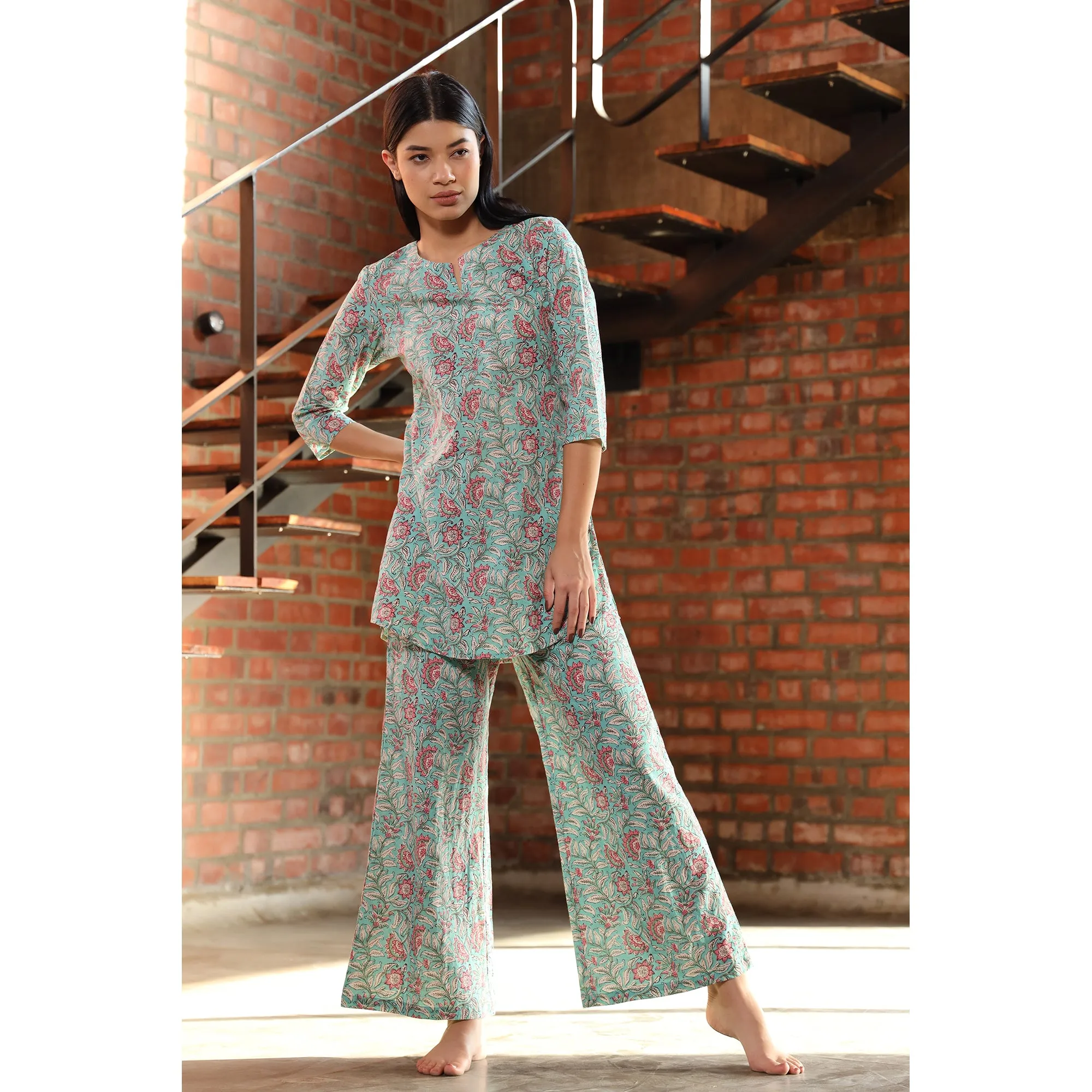 Floral Trail on Light Blue Loungewear Set