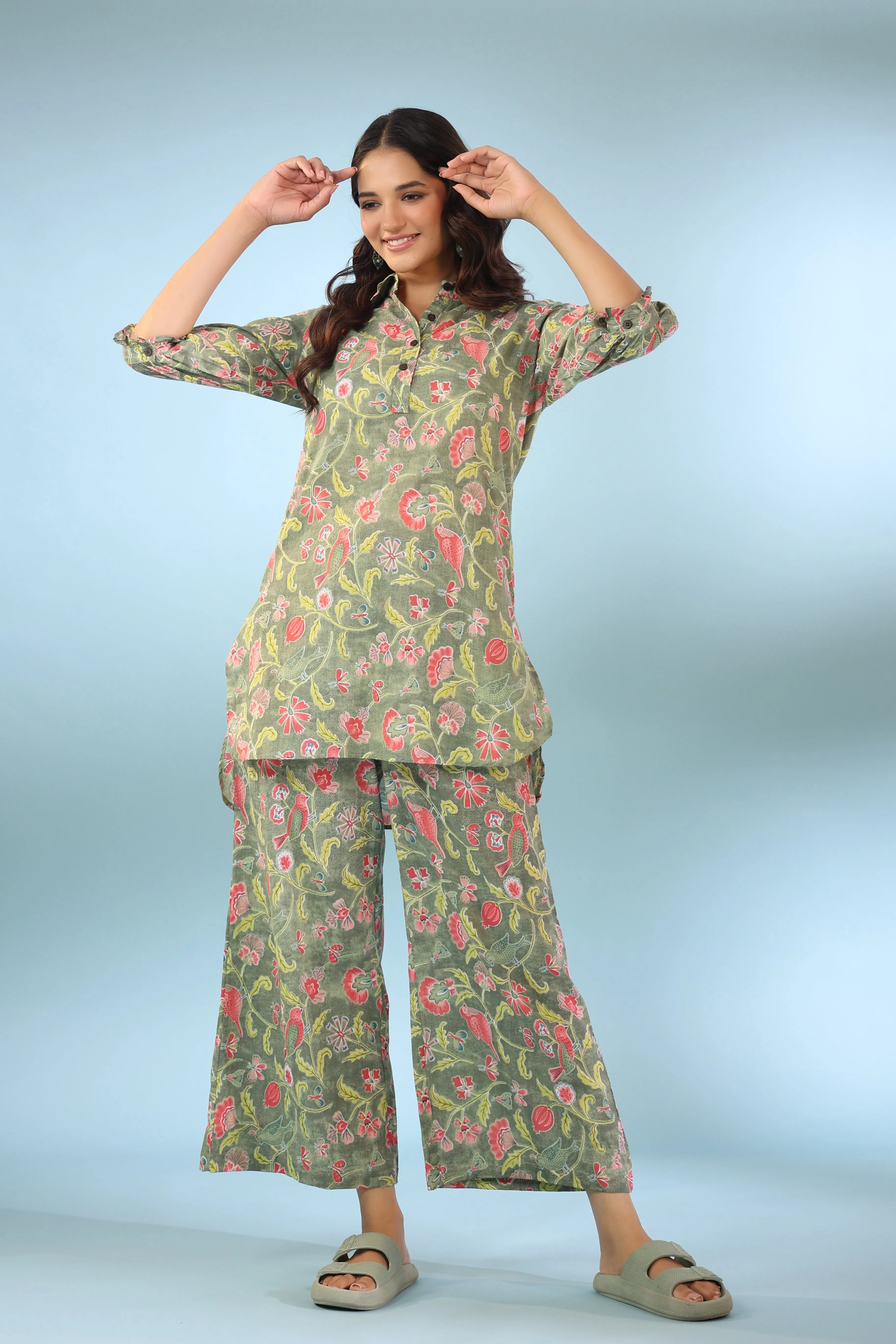 Floret Light Green Cotton Loungewear Set