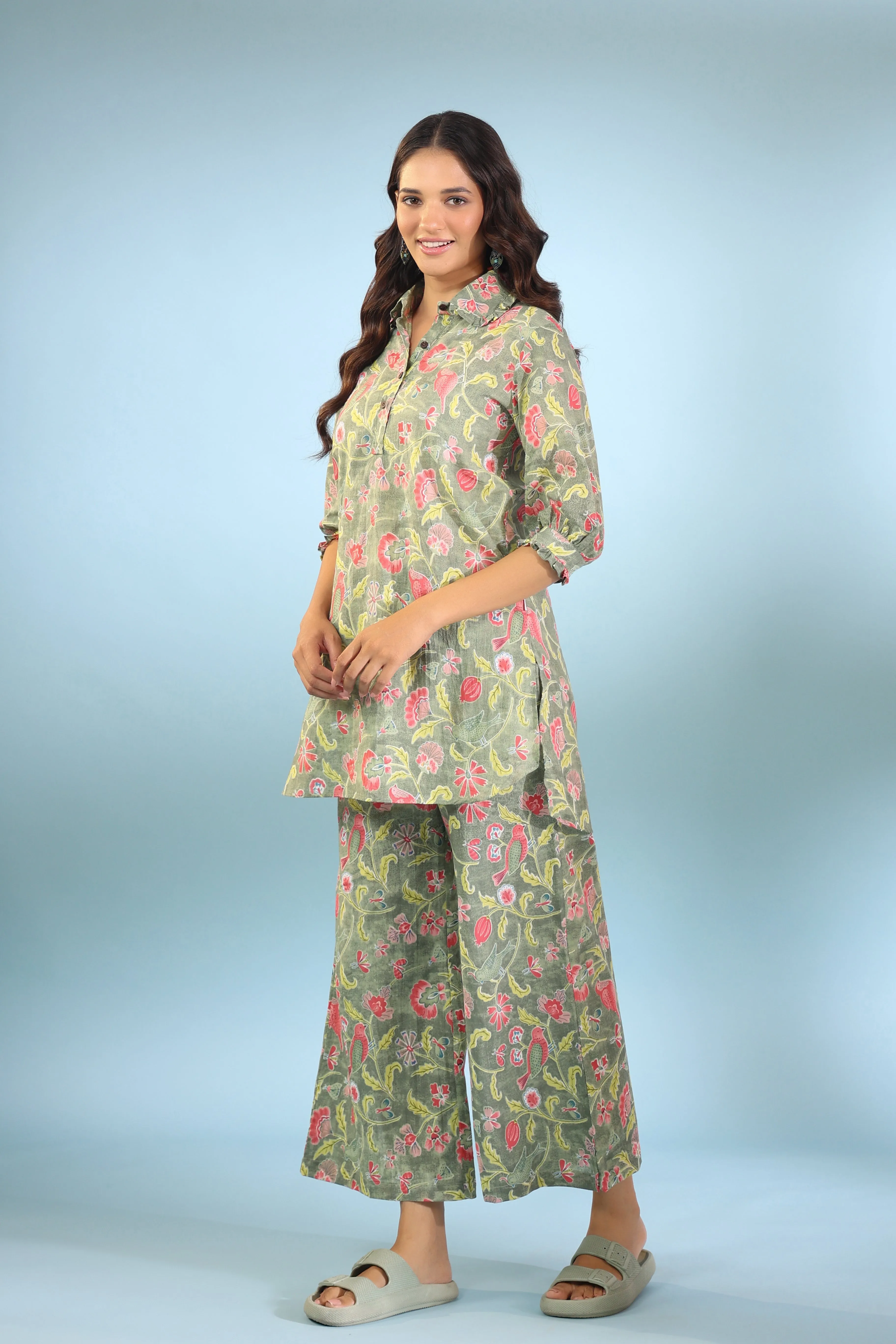 Floret Light Green Cotton Loungewear Set