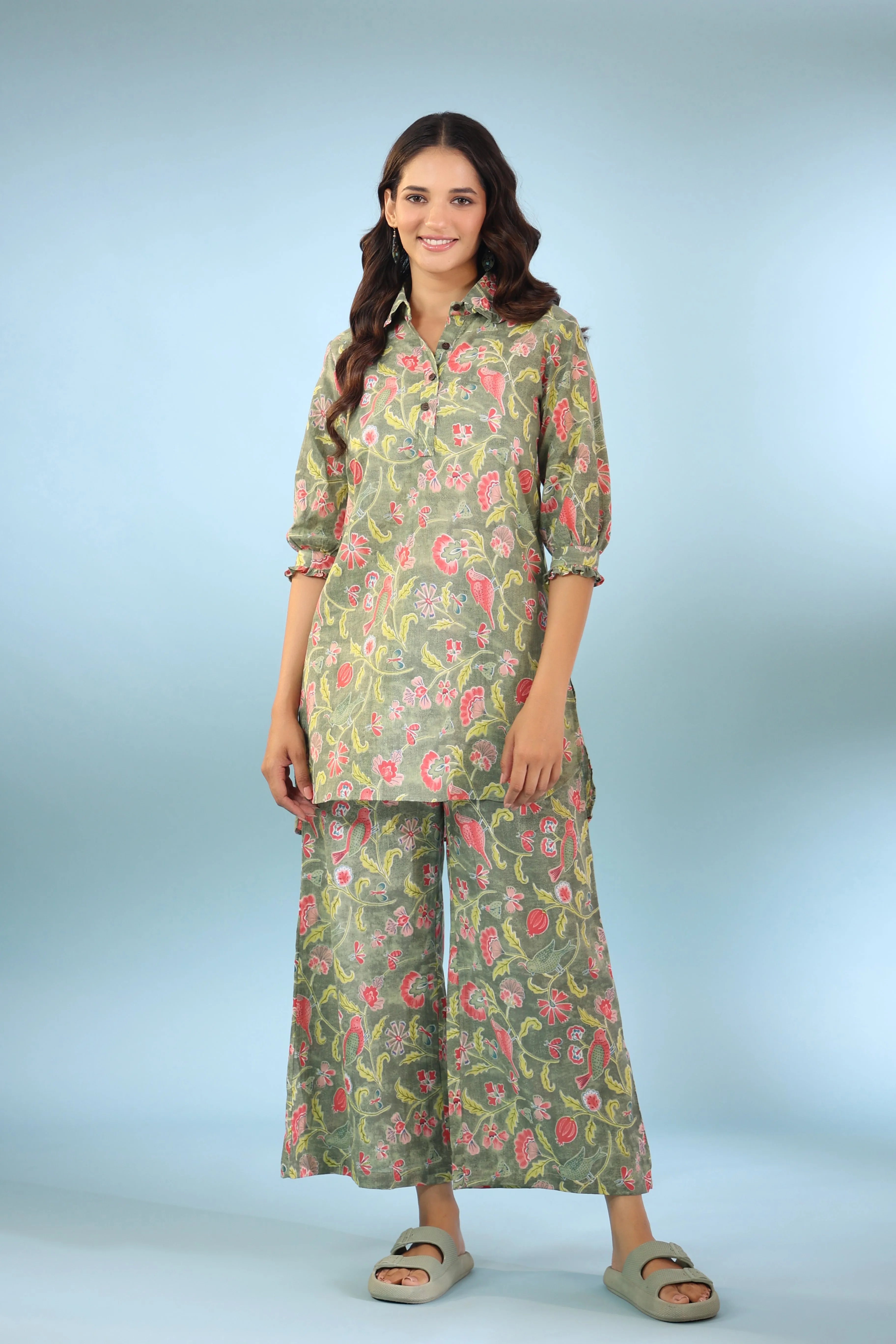 Floret Light Green Cotton Loungewear Set