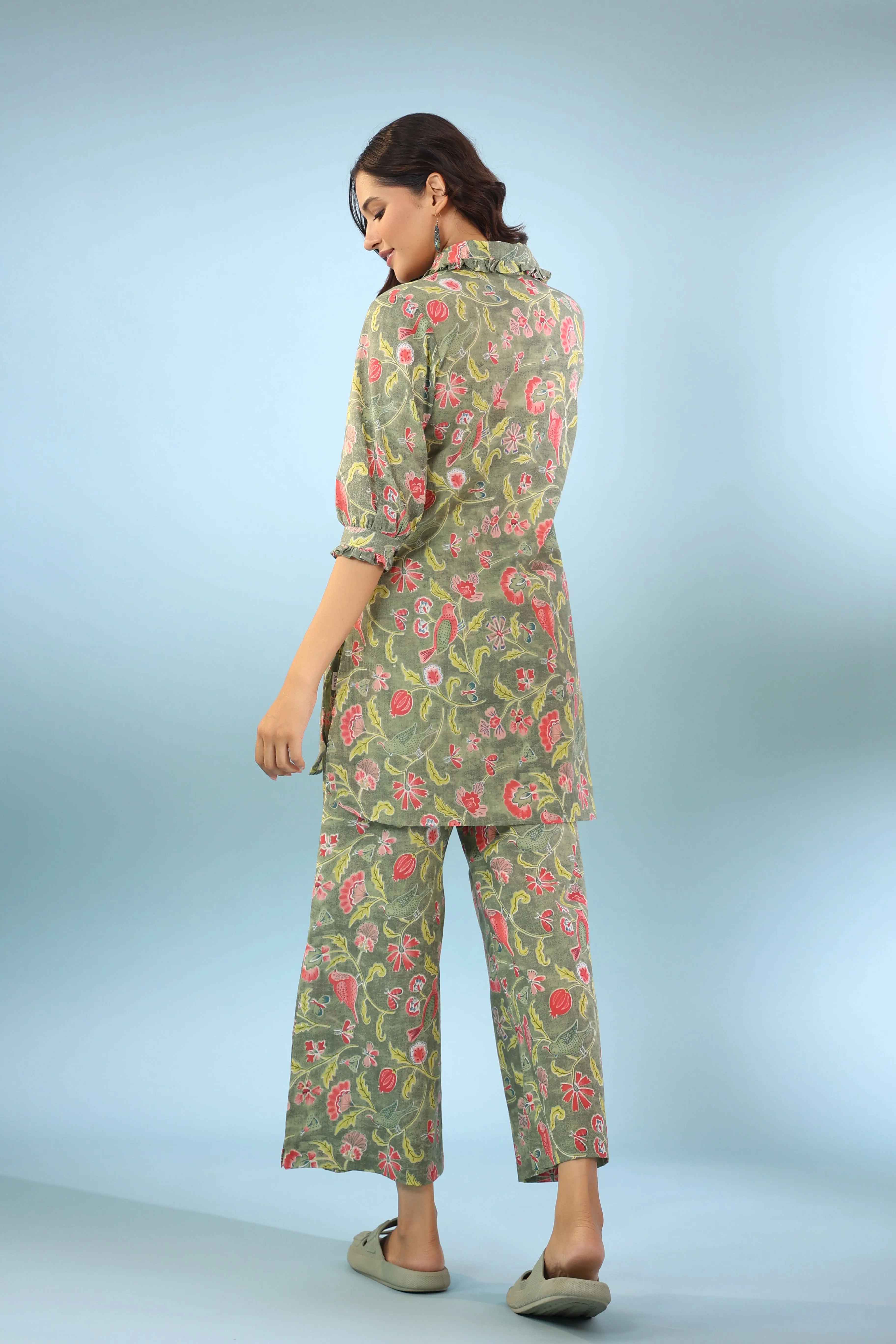 Floret Light Green Cotton Loungewear Set