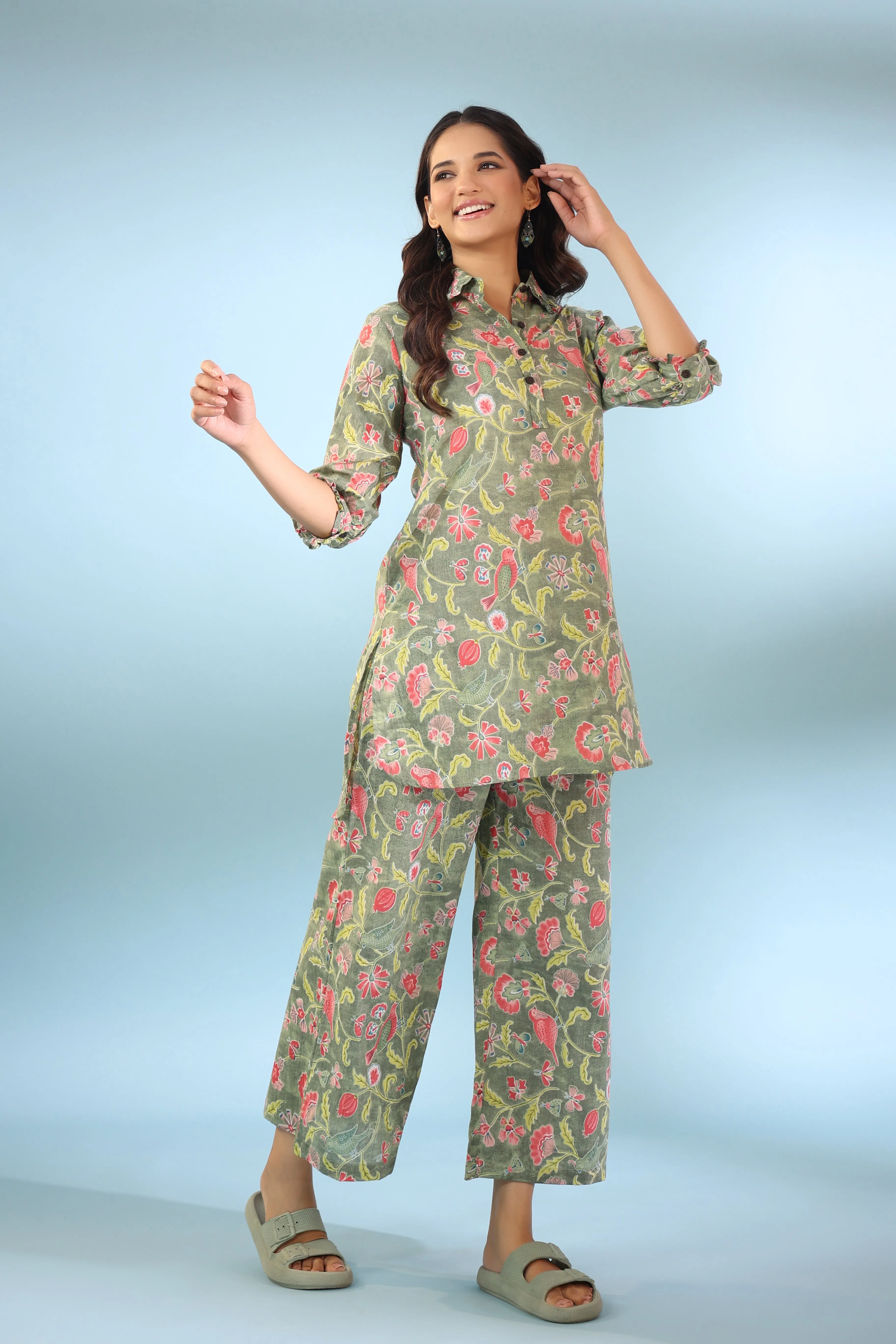 Floret Light Green Cotton Loungewear Set