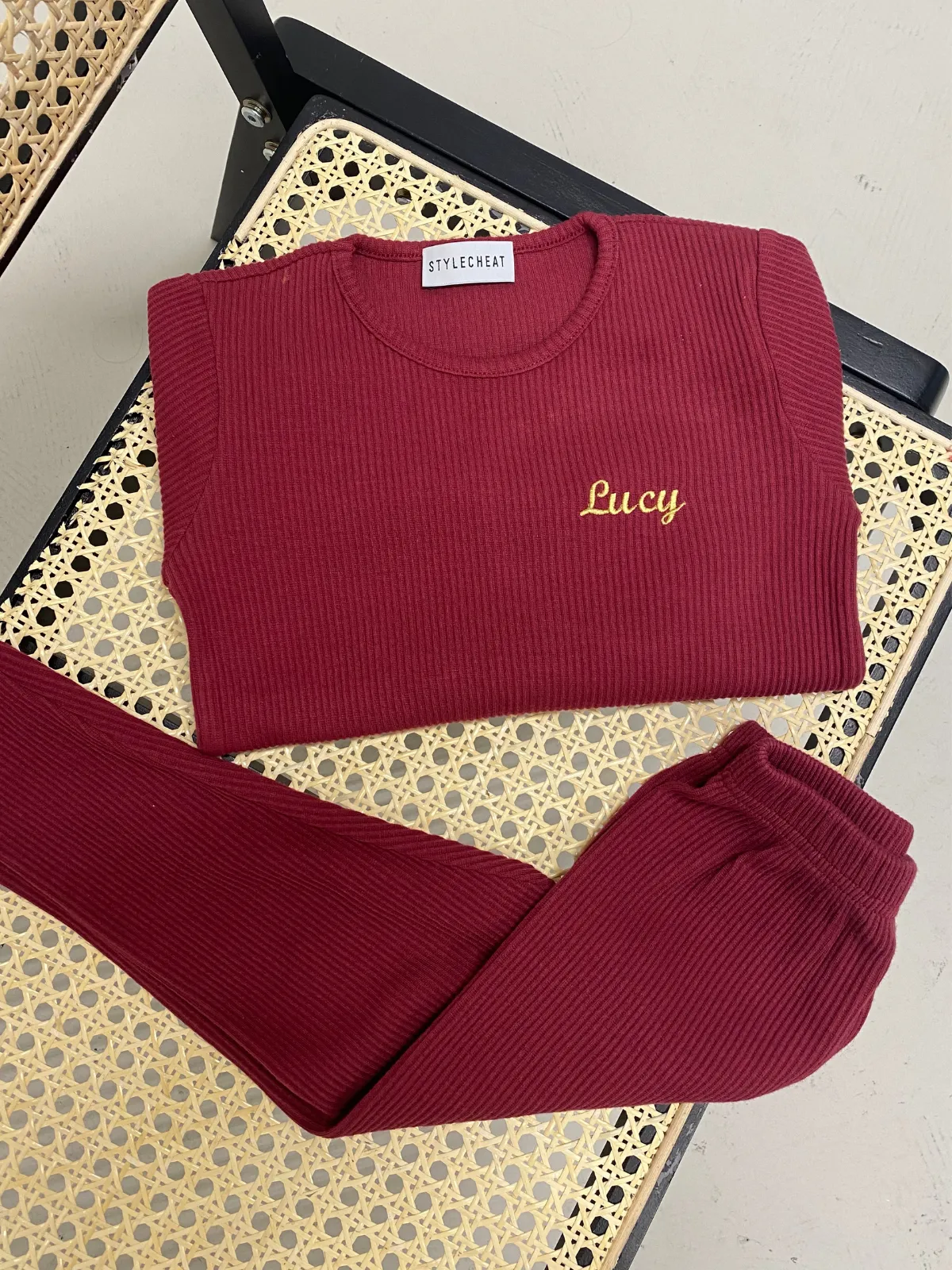 Kids Personalised Unisex Ribbed Jersey Loungewear Set / Mulberry