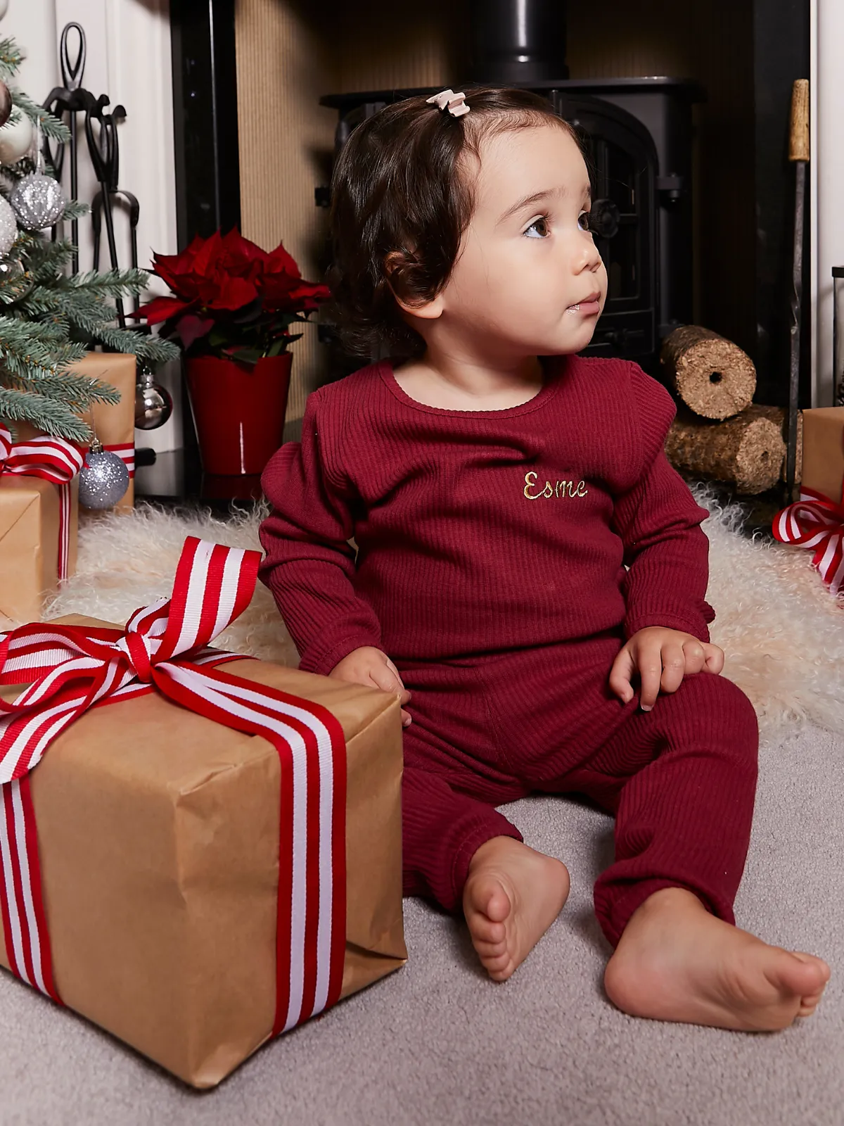 Kids Personalised Unisex Ribbed Jersey Loungewear Set / Mulberry