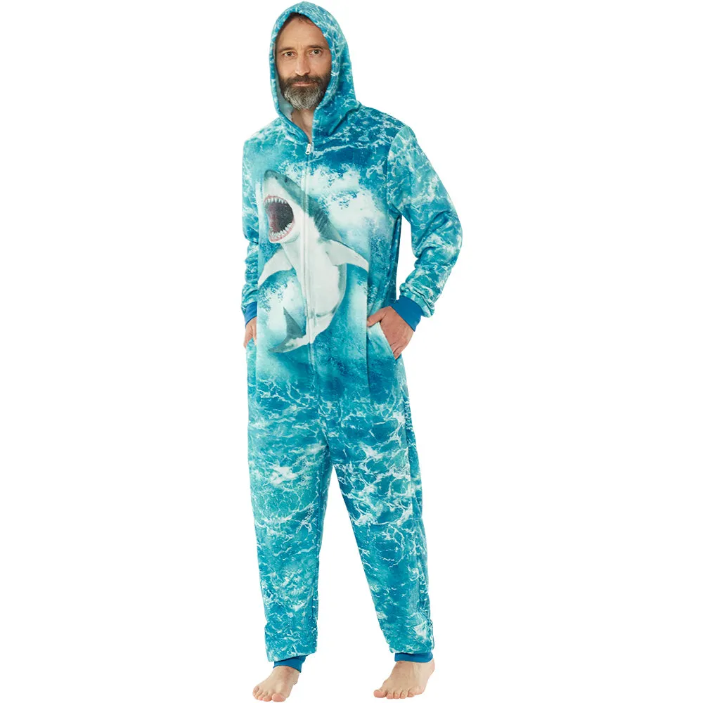 Mens Blue Digital Shark Onesie