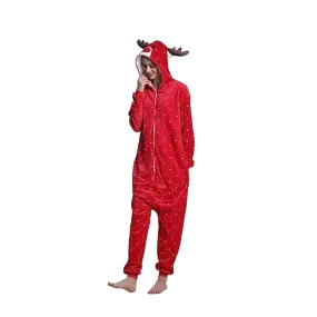 Cozy Adult Red Deer Winter Onesie Pajamas with Hood