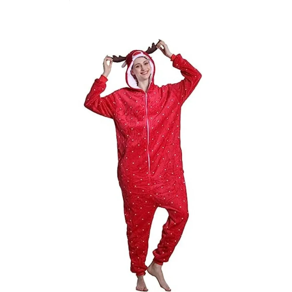 Cozy Adult Red Deer Winter Onesie Pajamas with Hood