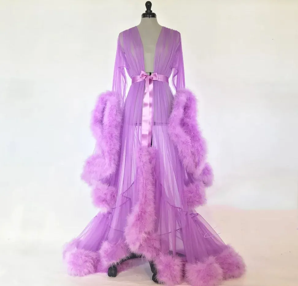 **Seductive Sheer Mesh Nightgown with Faux Fur Pom Pom Details - Luxurious Pajama Robe**