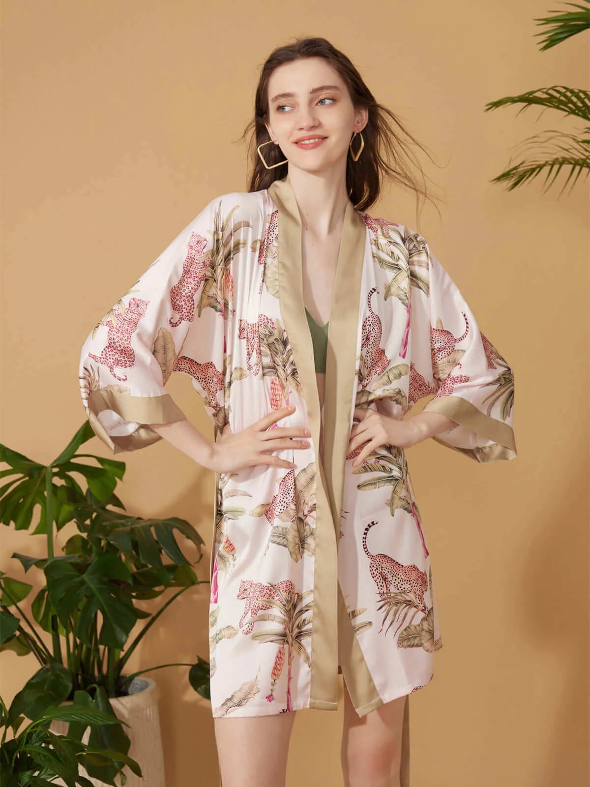 Olive Leopard Print Short Kimono Robe - Stylish and Comfortable Loungewear