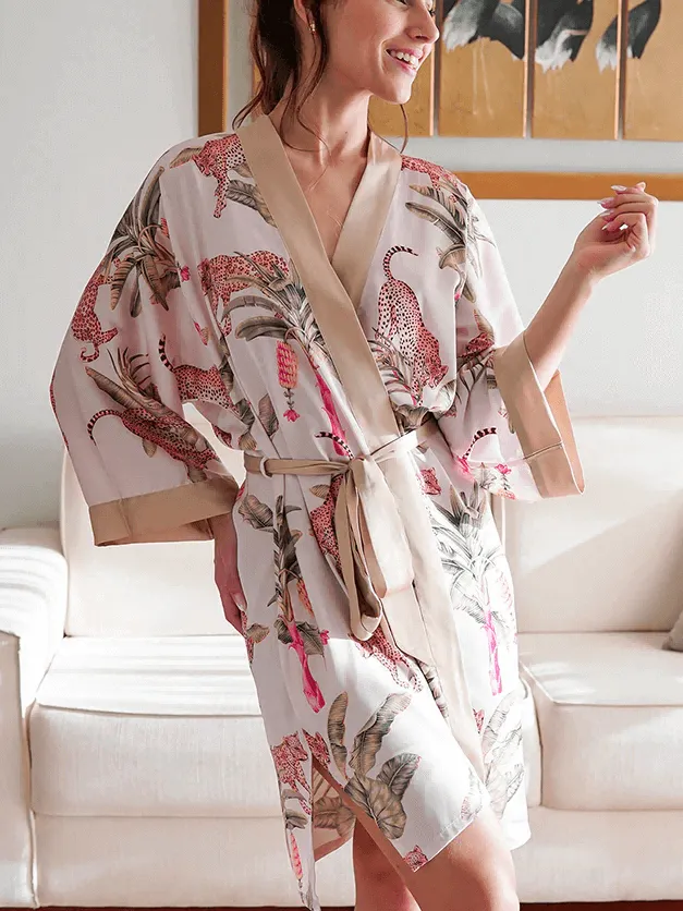 Olive Leopard Print Short Kimono Robe - Stylish and Comfortable Loungewear